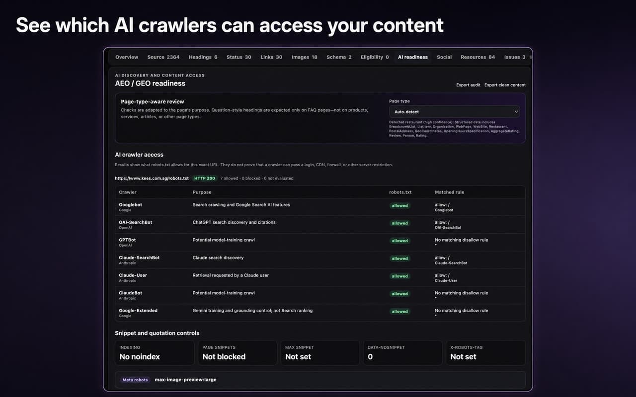 SearchScope AI crawler access screenshot