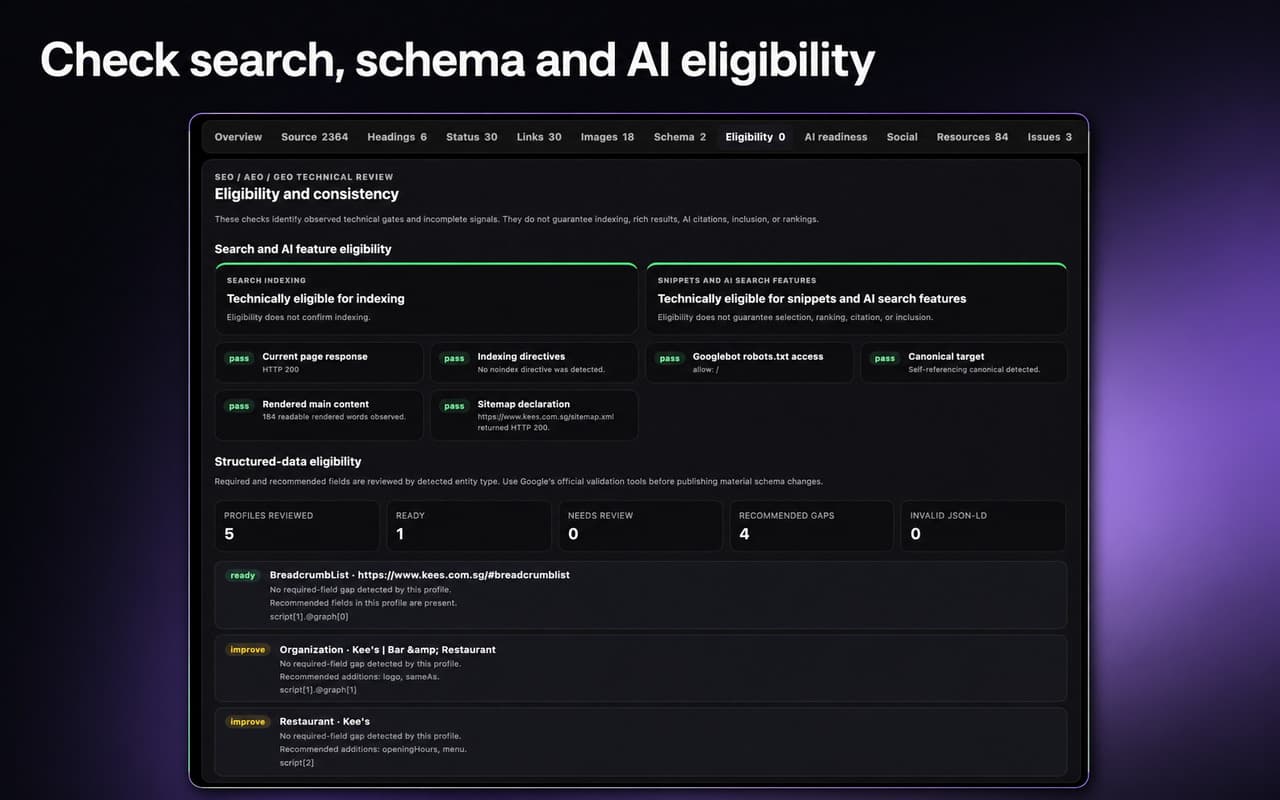 لقطة شاشة من SearchScope لفحص الأهلية والاتساق